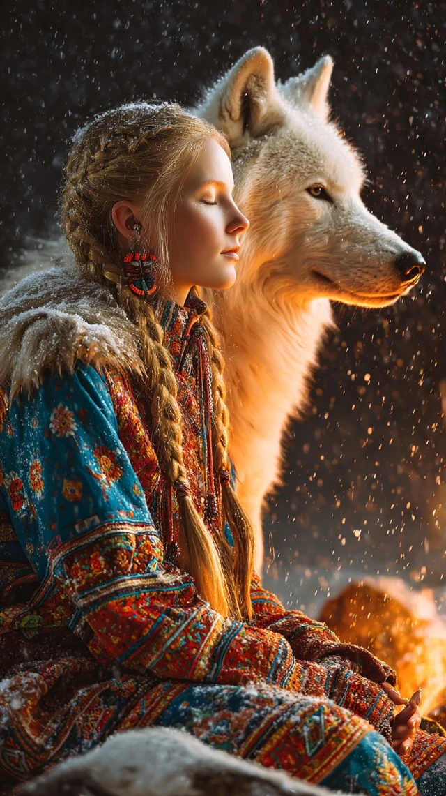 Native American Woman and Wolf Winter Scene