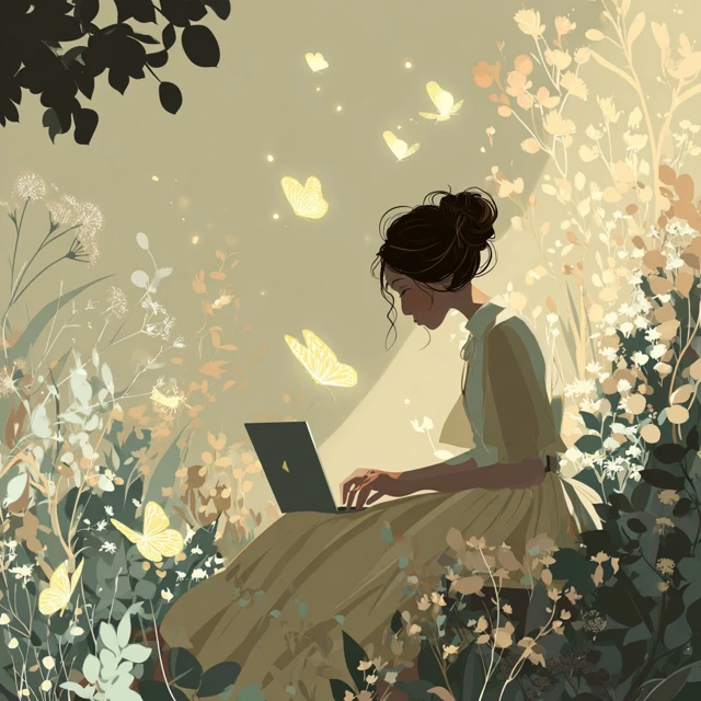 Woman Working in Garden with Butterflies and Flowers