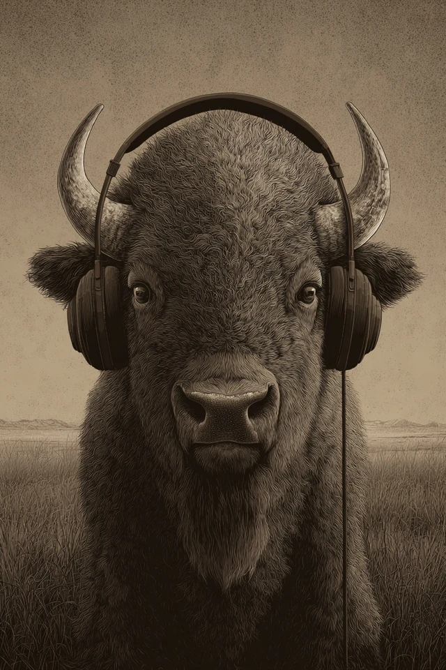 Bison with Headphones Sepia Illustration