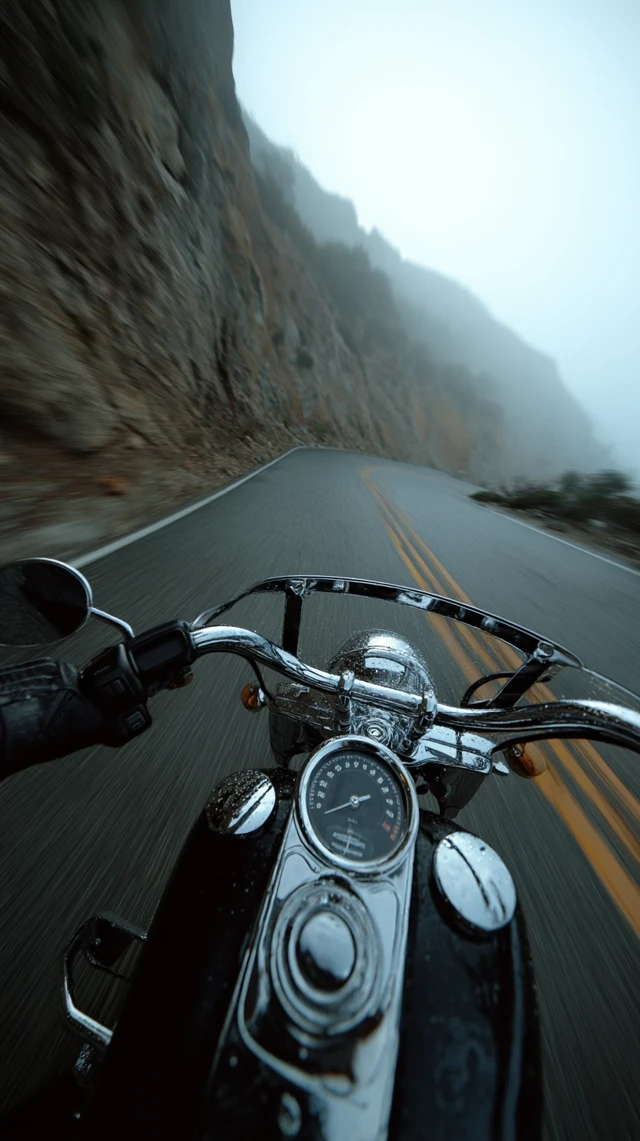 Harley Davidson Motorcycle on Foggy Road