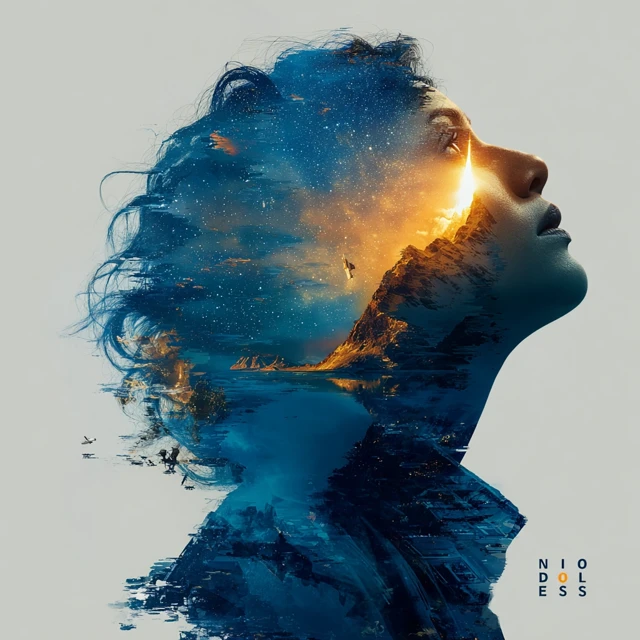 Double Exposure Space Portrait Asian Scientist