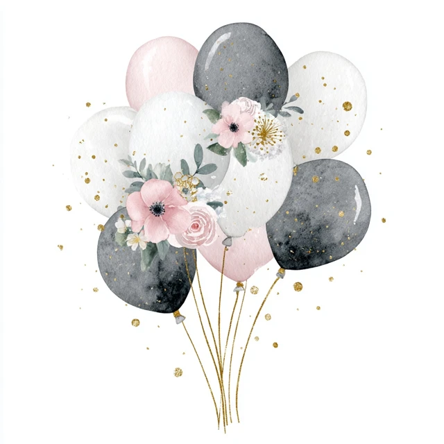 Watercolor Balloon Bouquet Floral Accents Gold Glitter