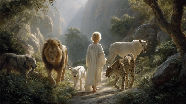 Childs Peaceful Walk with Animals in Harmony