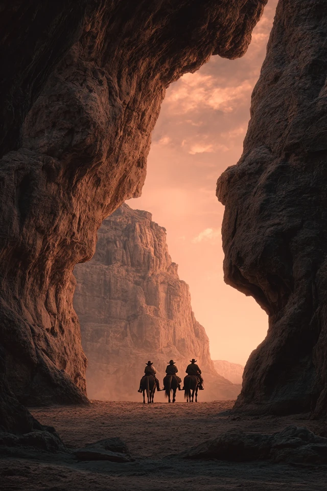 Wild West Horsemen in a Canyon Sunset