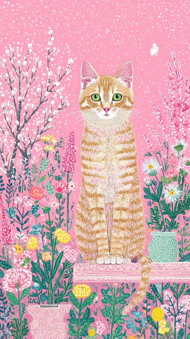 Happy Tabby Cat Folk Art Illustration
