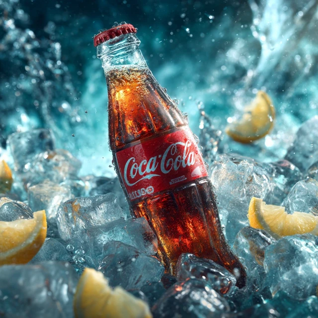 Refreshing Coca-Cola Ad with Ice and Lemon