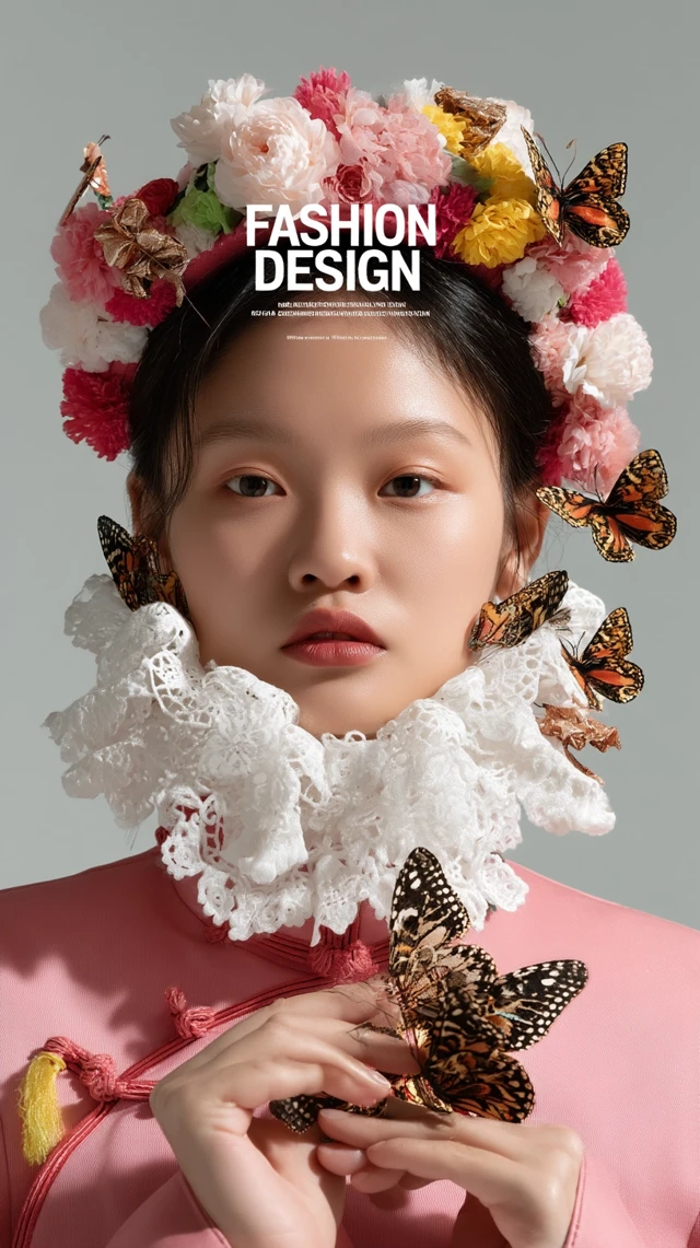 Fashion Design: Woman in Cheongsam with Butterflies
