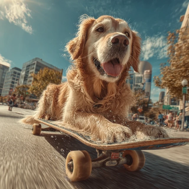 Golden Retriever Dog Skateboarding City Street