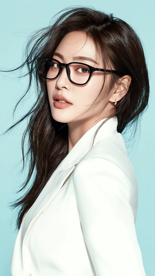 Beautiful Korean Woman in Glasses and White Suit