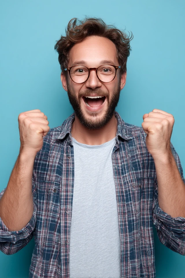Excited Nerd with Glasses and Bright Background