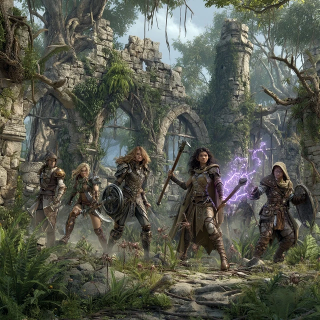 Fantasy Adventurers in Forest Ruins Battling Spiders