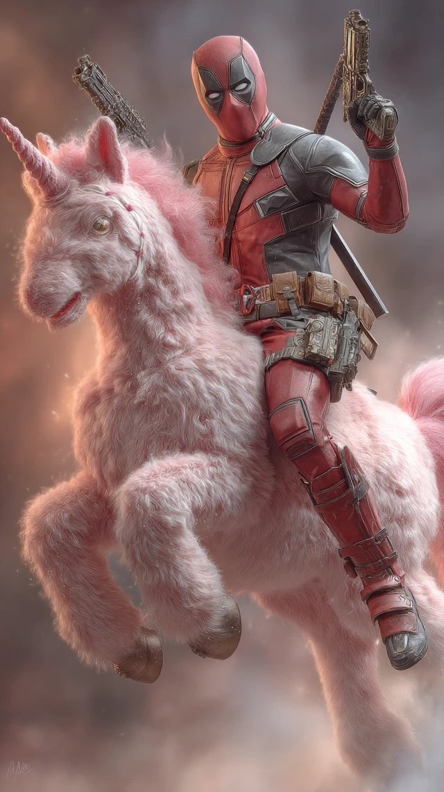 Deadpool Rides a Unicorn Epic Parody Art
