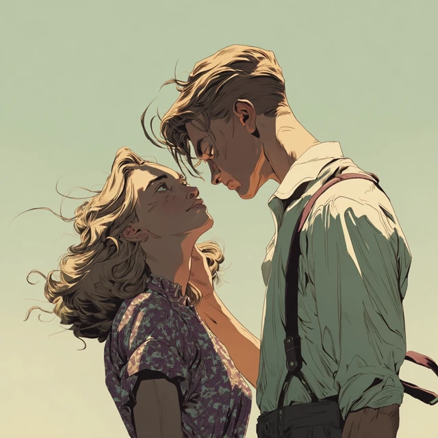 Romantic Kiss in the 1940s Comic Book Style