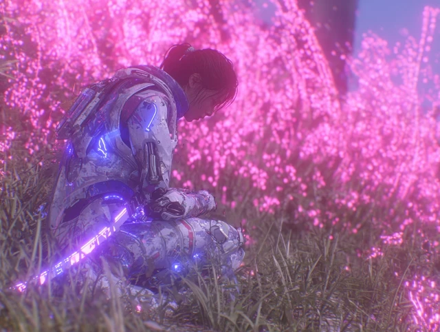 Cyberpunk Cyborg Woman in a Field of Flowers