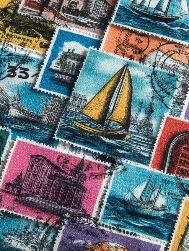 Retro Stamps Collection Sailing Buildings Earth and Books