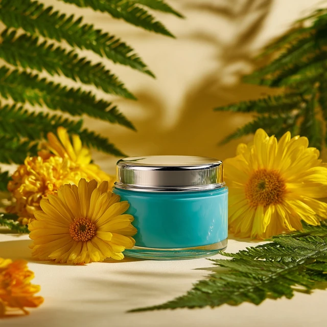 Turquoise Body Butter Jar with Flowers and Ferns