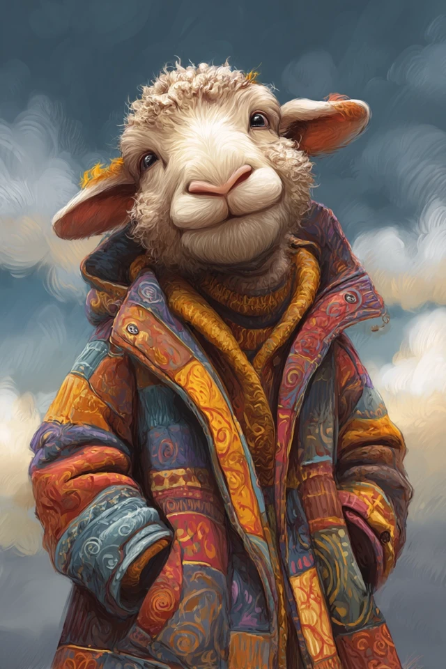 Anthropomorphic Sheep Boy in Colorful Coat