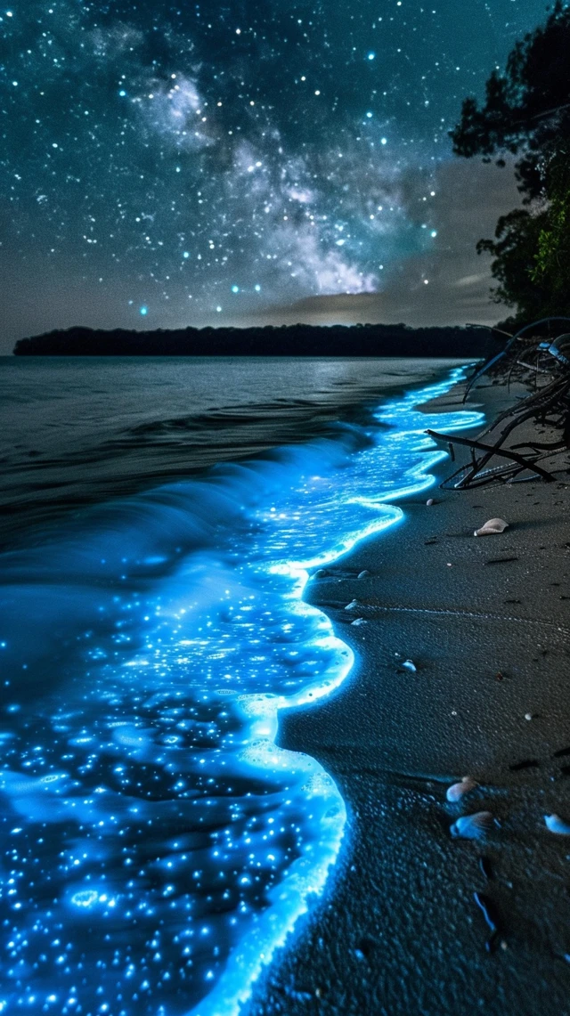 Bioluminescent Beach Night Scene Photography