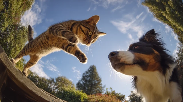 Cat Jumps Over Dog Backyard Photography