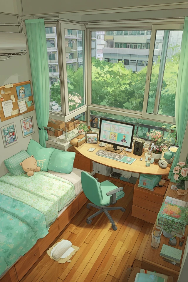 Anime Room Study Space with Green Decor