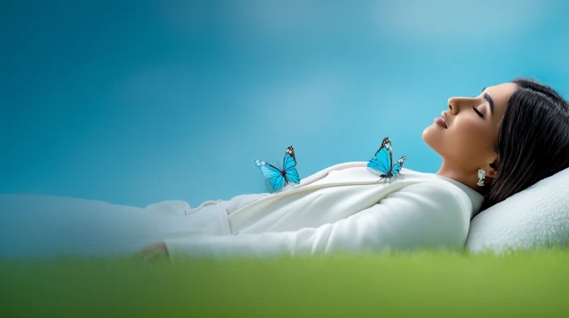 Woman in White Dress Relaxing in a Meadow with Butterflies
