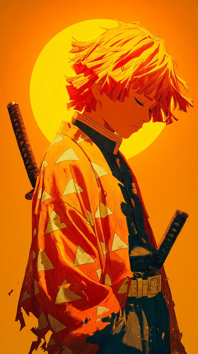 Anime Boy with Katana Golden Illustration