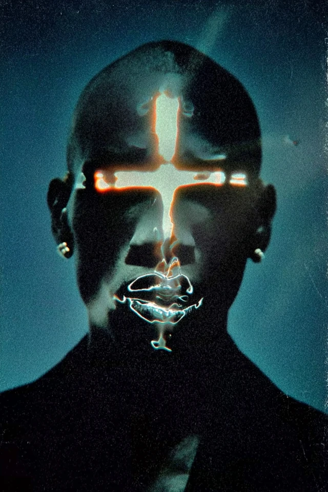 Cyberpunk Portrait with Neon Cross and Glowing Eyes