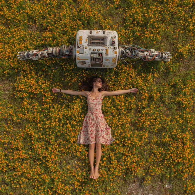 Robot Woman in Flower Field Surreal Dream