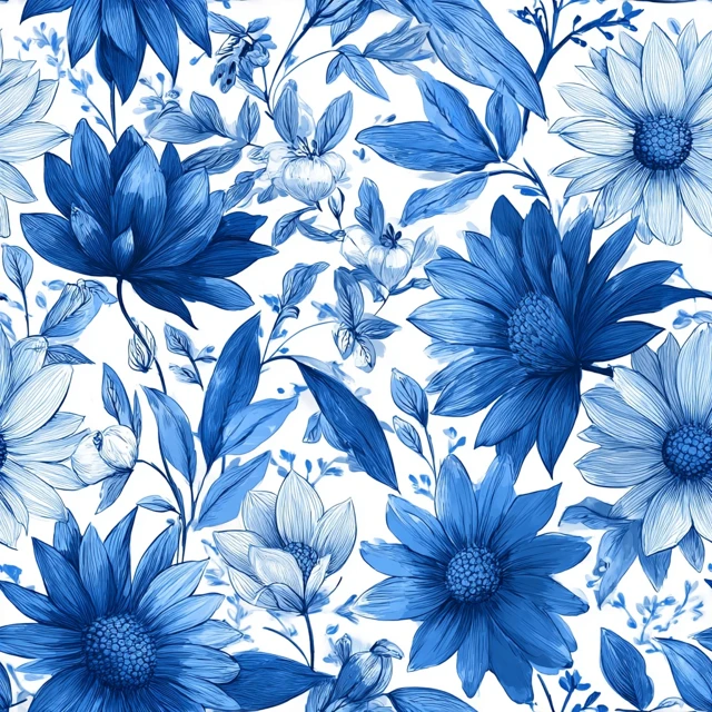 Floral Pattern Blue and White Hand Drawn Illustration