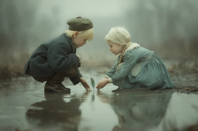 Children in Love Winter Afternoon Emotional Scene