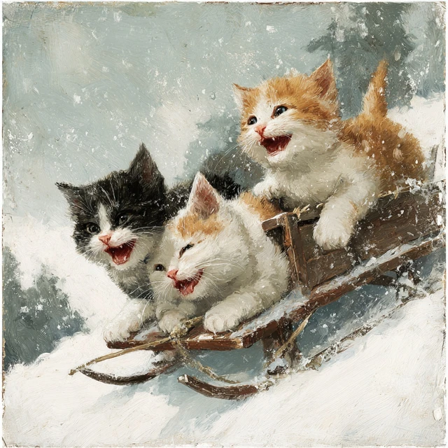 Smiling Kittens Sledding in the Snow Painting