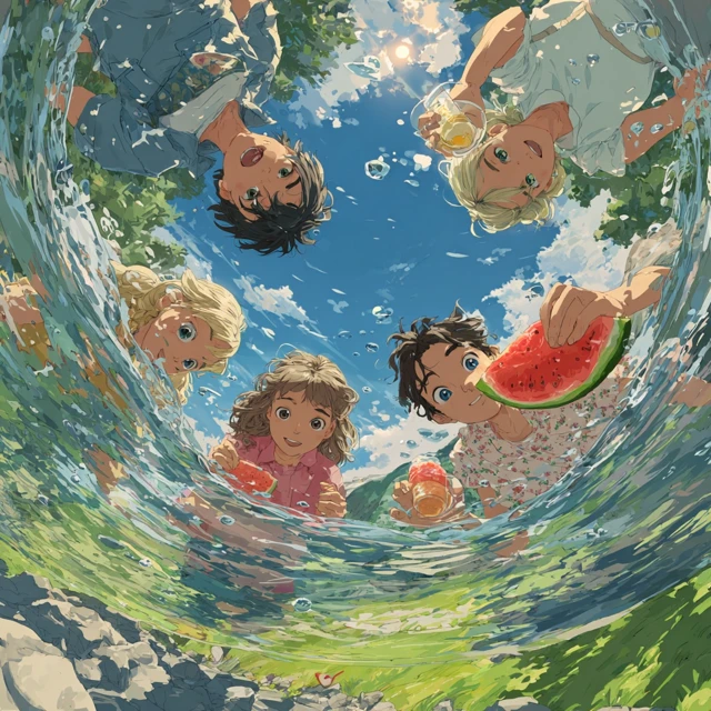 Childrens Summer Fun Eating Watermelon Anime Style