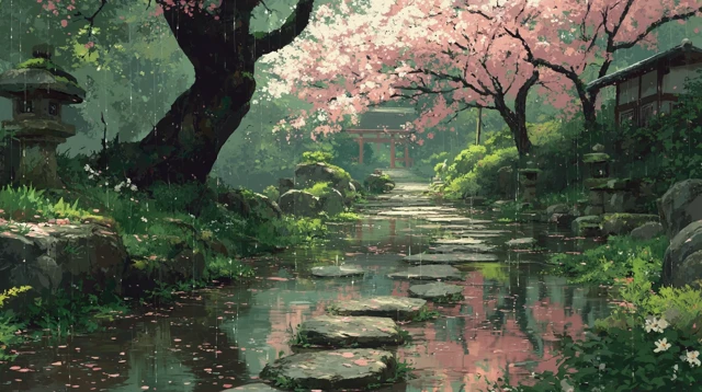 Kyoto Temple Garden in Spring Rain Makoto Shinkai Style