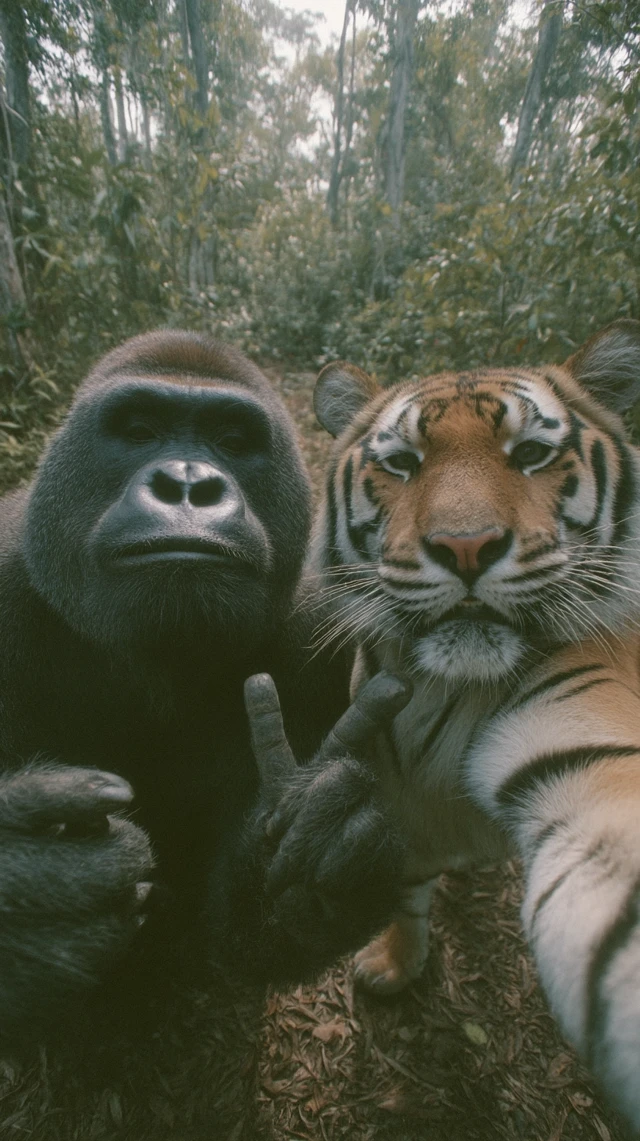 Gorilla and Tiger Peace Sign in the Jungle