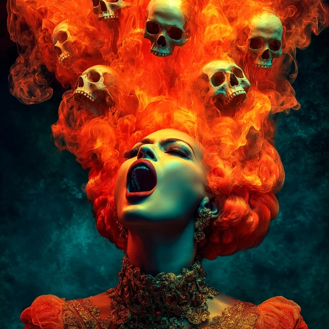Woman Screaming Fire Skulls Horror Art
