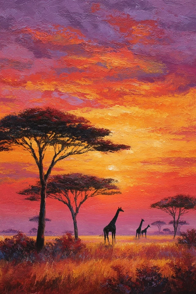 African Savannah Sunset Painting Giraffes Acacia Trees