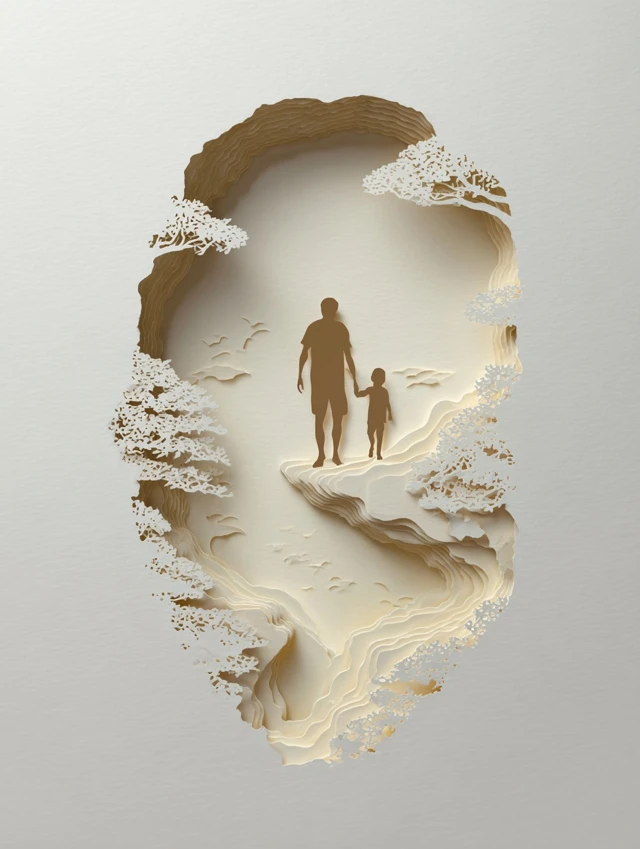 Paper Cut Art Father and Child Elegant Vignette