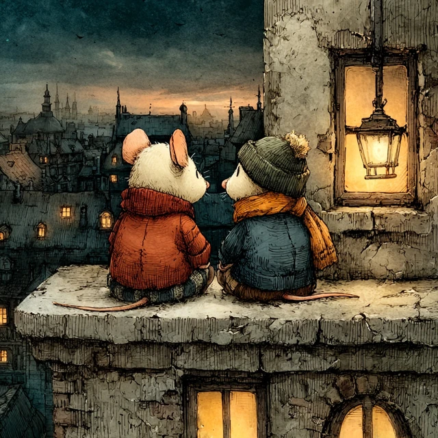 Cozy Mice Watching Sunset Storybook Illustration