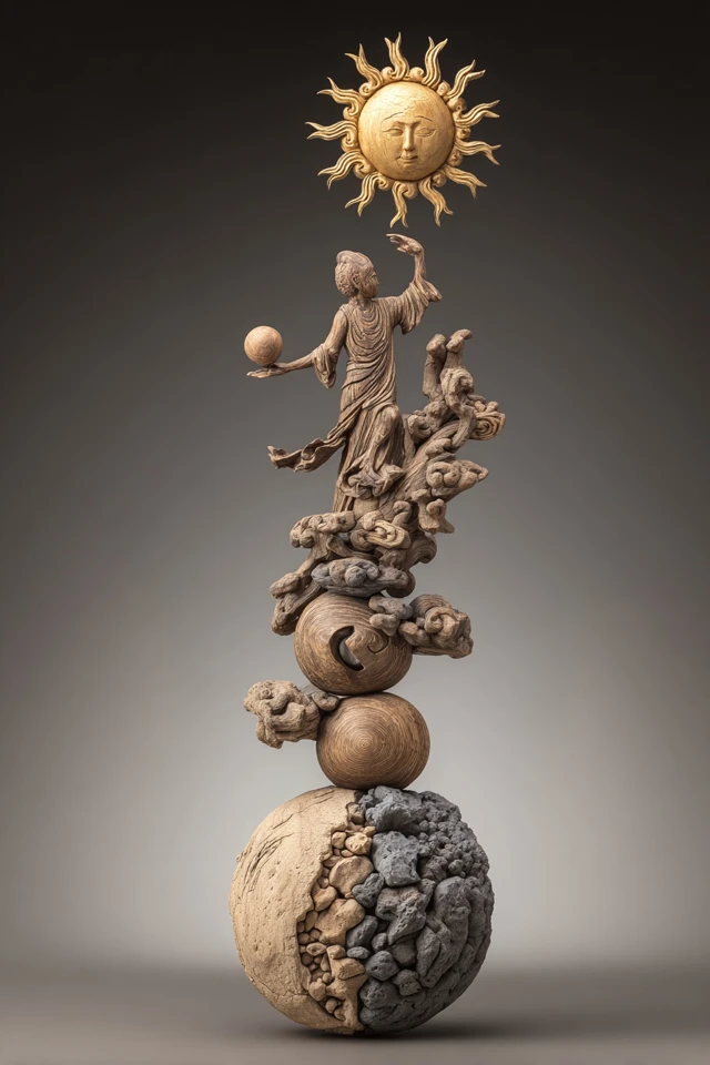 Wooden Sculpture Floating in Balance Minimalism