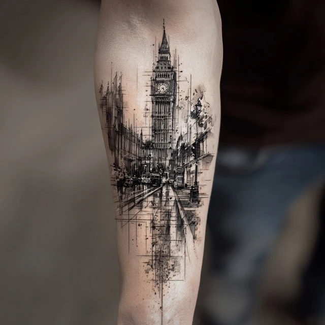 London Tattoo Sketch Big Ben Dramatic Design
