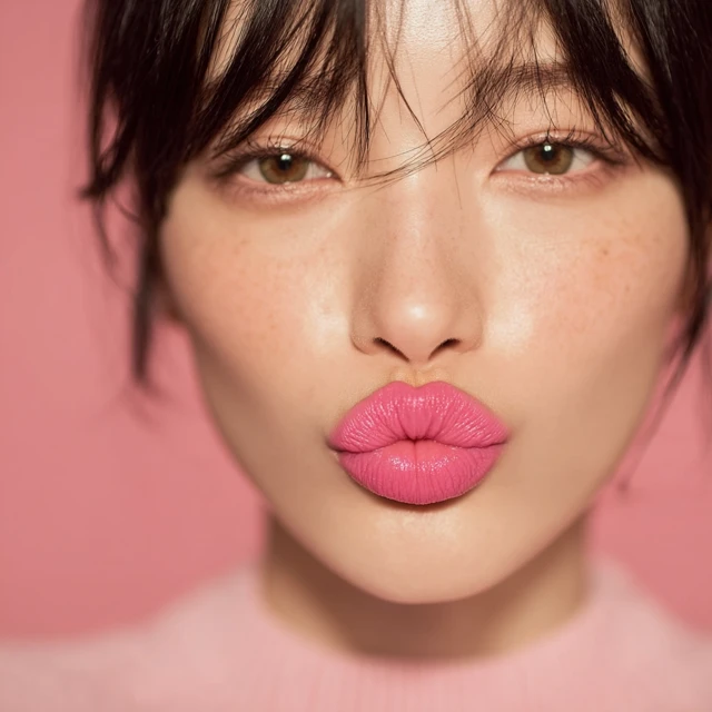 Korean Female Model CloseUp Pink Lipstick Soft Lighting