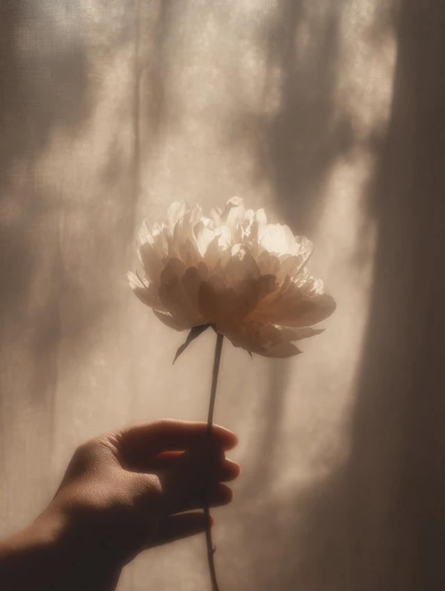 Hand Holding Peony Flower Dreamy and Airy