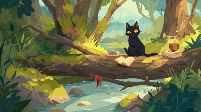 Cute Cartoon Cat in Forest Scene Relaxing with Coffee