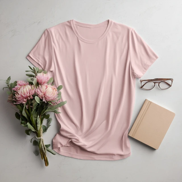 Pink T Shirt Mockup with Flowers Notebook and Pen
