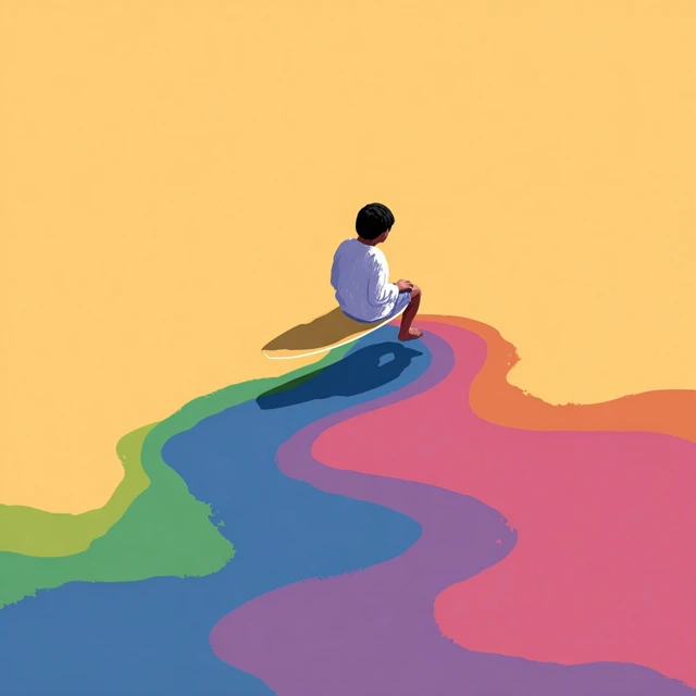 Child Surfing on Paint Surreal Minimalist Illustration