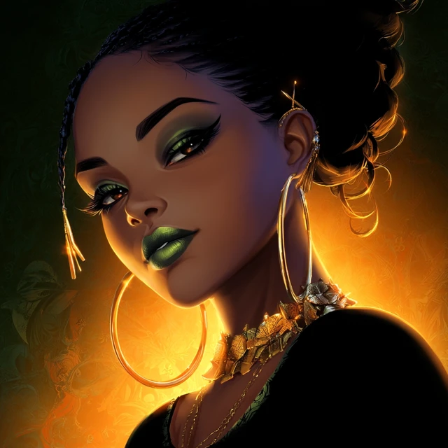 Black Woman Portrait with Gold Jewelry and Green Lipstick