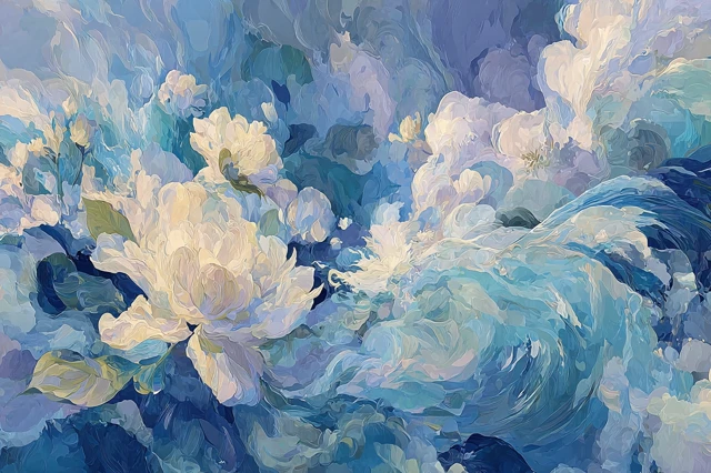 Abstract Floral Painting in Blue and White