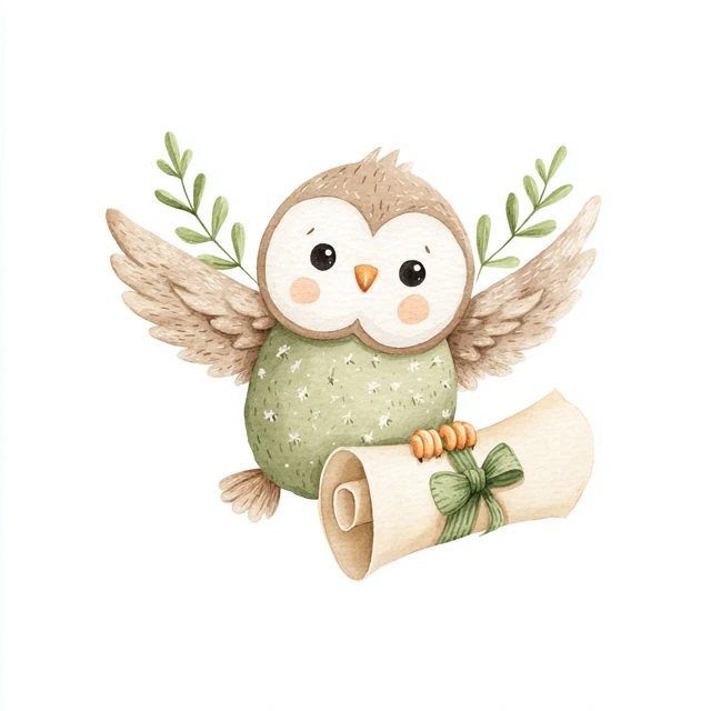 Cute Watercolor Owl with Scroll Halloween Illustration