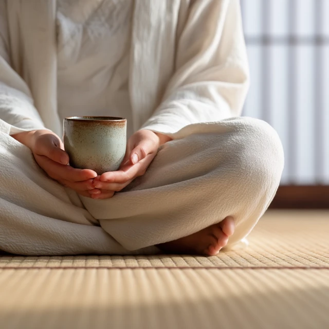 Meditating Woman in Zen Garden Holding Cup
