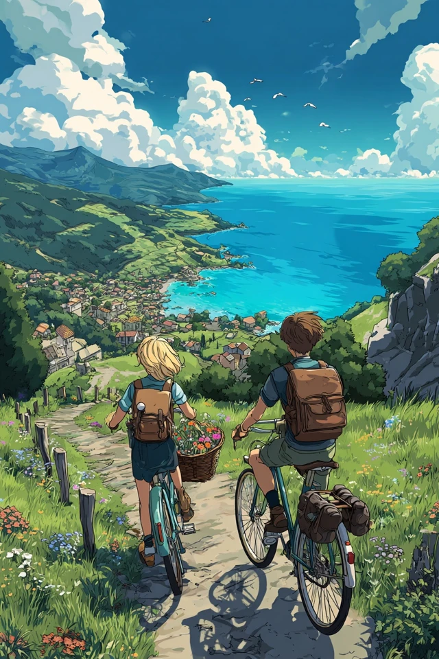 Studio Ghibli Anime Bicycle Ride Coastal Landscape